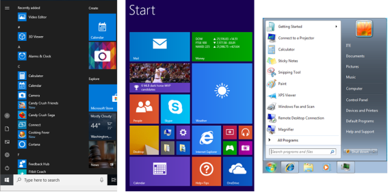 This image display the Start menu for Windows 10, 8.x, and 7 from the left to the right.