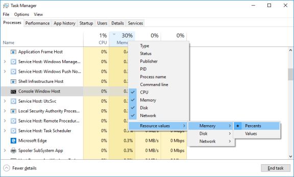 Screenshot of Task Manager showing results of right click on Memory 