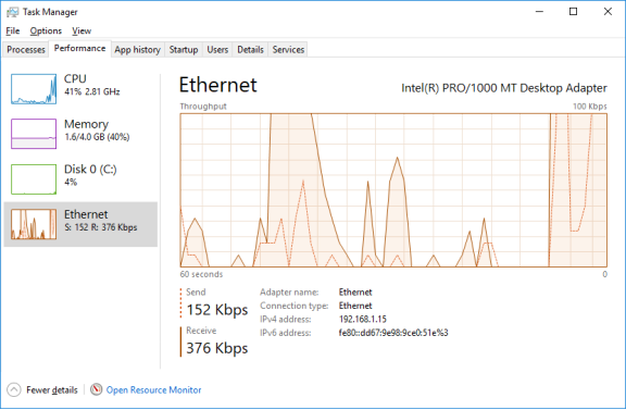Screenshot of the Task Manager showing the results of selecting the Ethernet chart. 