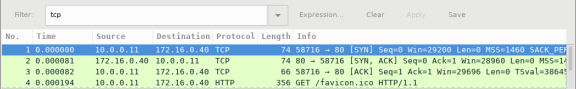 Screen shot of Wireshark capture showing a tcp filter.