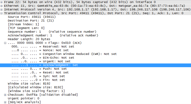 Wireshark screen shot of the TCP datagram expanded and highlighted the acknowledgment set of 1