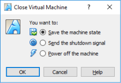 Screen shot of Virtual Box Close Virtual Machine with the Save the machine state selected